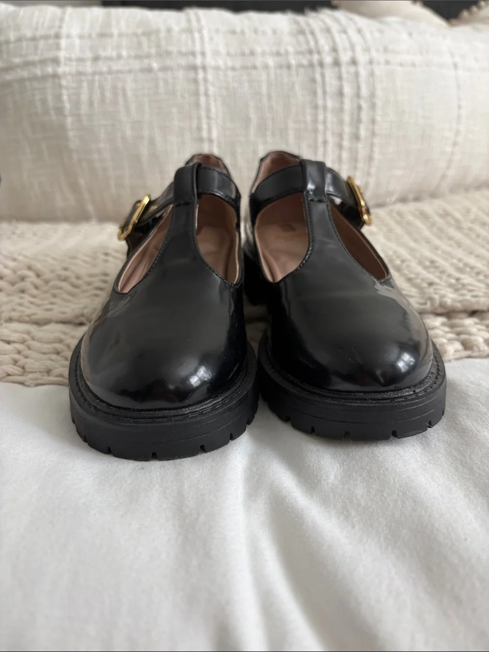 Sam Edelman Black Patent T-Strap Mary Jane’s with Gold Buckle
